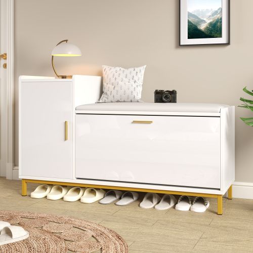 Meuble à Chaussures-étagère à Chaussures Avec 2 Compartiments-banc à Chaussures Assise Rembourrée