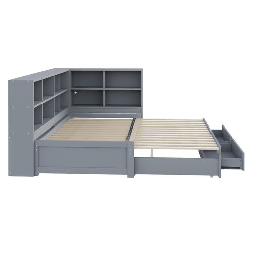 Lit Gigogne 90/180*190cm-prise Européenne Multifonctionnelle-tiroirs-lit Simple-en Bois Massif-gris