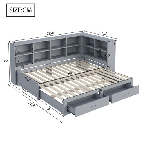 Lit Gigogne 90/180*190cm-prise Européenne Multifonctionnelle-tiroirs-lit Simple-en Bois Massif-gris