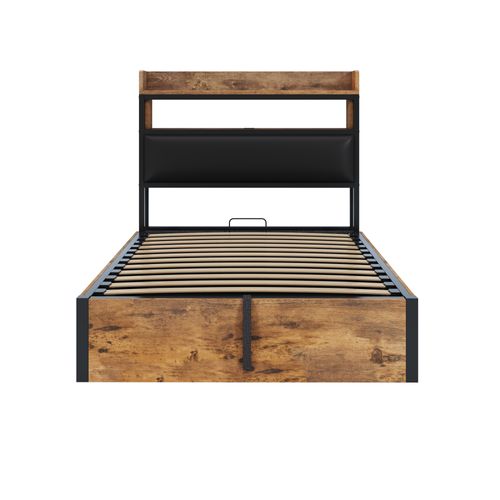 Lit Rembourrée 90x200 Cm-système Hydraulique-port USB-lit Simple-espace De Rangement-noir