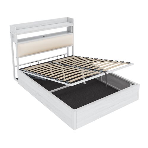 Lit Rembourrée 140x200 Cm Avec Vérin Hydraulique-port USB-en Bois Et Métal-lit Double-blanc
