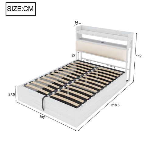 Lit Rembourrée 140x200 Cm Avec Vérin Hydraulique-port USB-en Bois Et Métal-lit Double-blanc