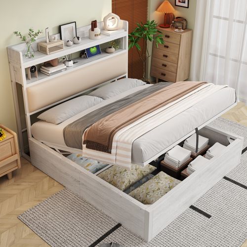 Lit Rembourrée 140x200 Cm Avec Vérin Hydraulique-port USB-en Bois Et Métal-lit Double-blanc