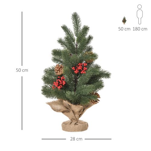 Arbre De Noël Artificiel De Table-avec Support 50cm-4 Baies Rouges Et 4 Pommes De Pin-vert