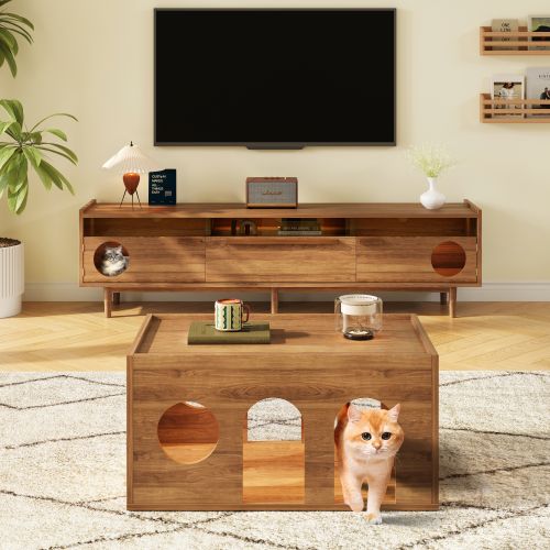 Table Basse-adaptée Aux Animaux De Compagnie Avec Trous Pour Chats-pour Les Salons-rectangle-noyer