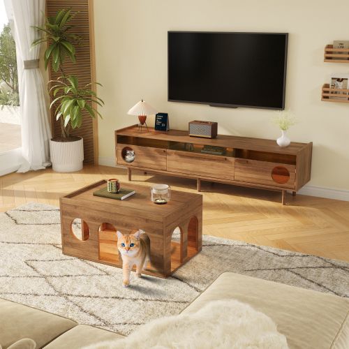 Table Basse-adaptée Aux Animaux De Compagnie Avec Trous Pour Chats-pour Les Salons-rectangle-noyer