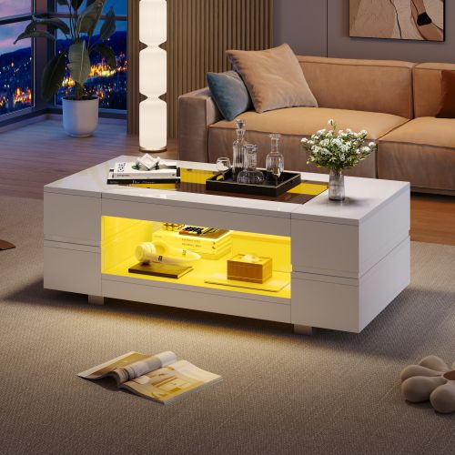 Table Basse LED Avec Contrôle-table Design Creuse à Double Couche-adaptée Aux Fêtes,salons-blanc