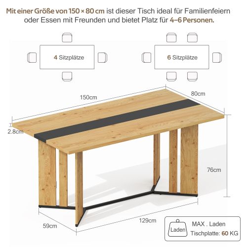 Table à manger rectangulaire-Aspect chêne-150x80x76 cm-En bois