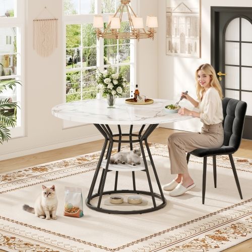 Table à Manger Ronde-table De Cuisine-petit-déjeuner-pieds En Métal-motif Marbre-blanc Et Noir