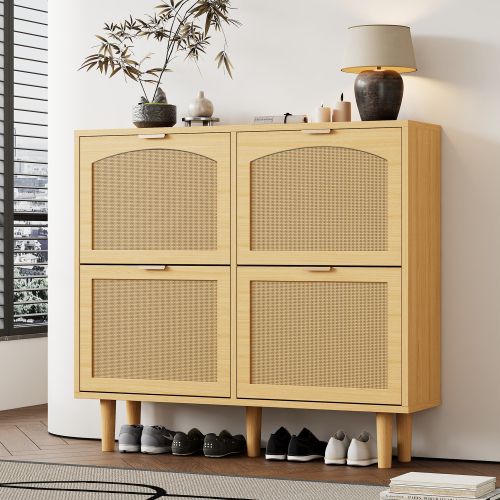 Meuble à Chaussures Avec 4 Portes Rabattables-Étroite Profondeur 25cm-en Rotin Ventilée-Naturel