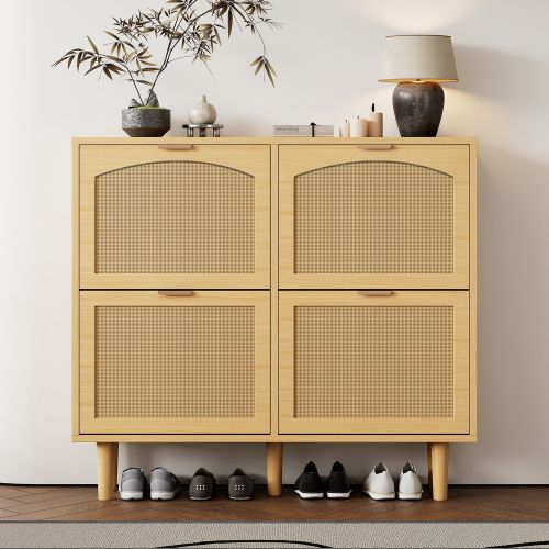 Meuble à Chaussures Avec 4 Portes Rabattables-Étroite Profondeur 25cm-en Rotin Ventilée-Naturel