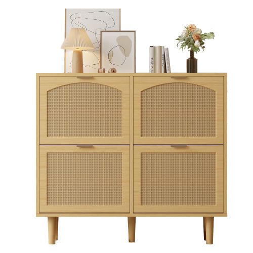 Meuble à Chaussures Avec 4 Portes Rabattables-Étroite Profondeur 25cm-en Rotin Ventilée-Naturel
