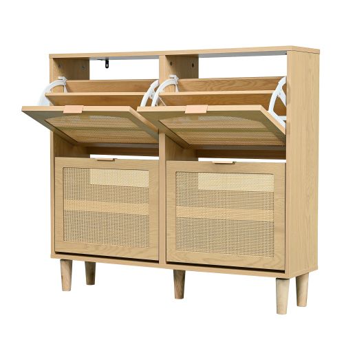 Meuble à Chaussures Avec 4 Portes Rabattables-Étroite Profondeur 25cm-en Rotin Ventilée-Naturel