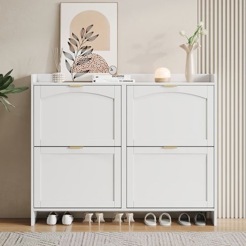 Meuble à Chaussures Avec 4 Compartiments Rabattables-pour Une Entrée Ou Un Couloir-blanc