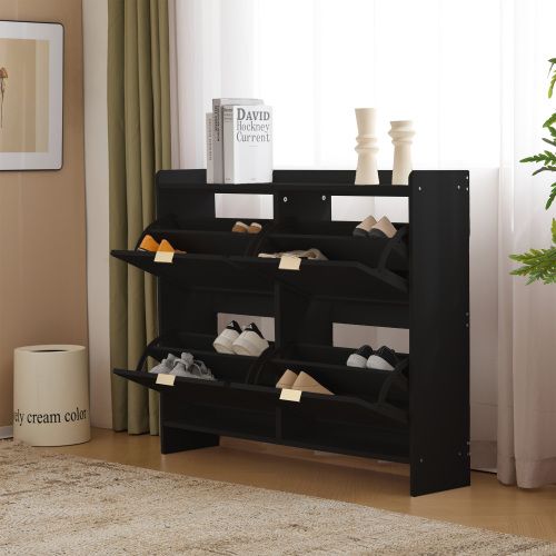 Meuble à Chaussures Avec 4 Compartiments Rabattables-pour Une Entrée Ou Un Couloir-noir