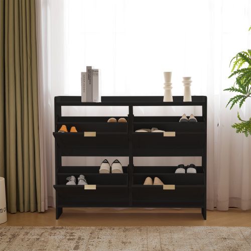 Meuble à Chaussures Avec 4 Compartiments Rabattables-pour Une Entrée Ou Un Couloir-noir