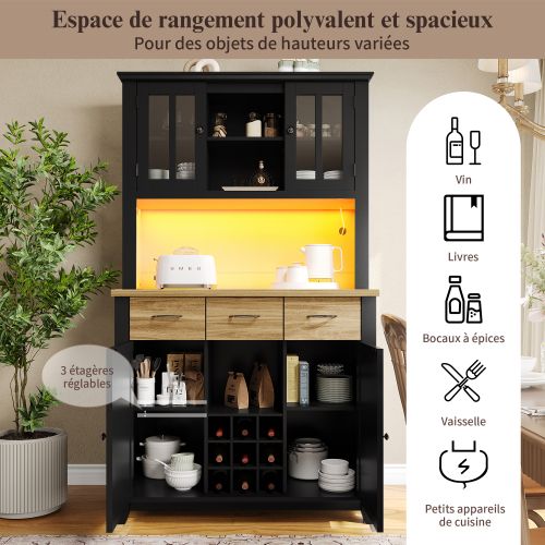 Buffet De Cuisine-meuble De Cuisine H179,5cm-armoire Haute-avec Éclairage LED-noir Et Bois