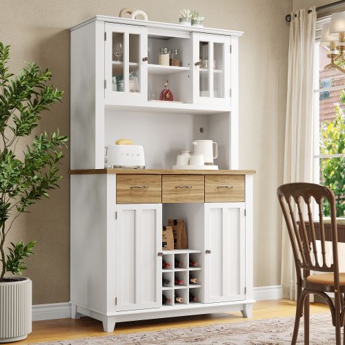 Buffet De Cuisine-meuble De Cuisine H179,5cm-armoire Haute-avec Éclairage LED-blanc Et Bois