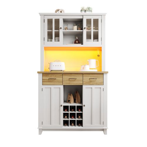 Buffet De Cuisine-meuble De Cuisine H179,5cm-armoire Haute-avec Éclairage LED-blanc Et Bois