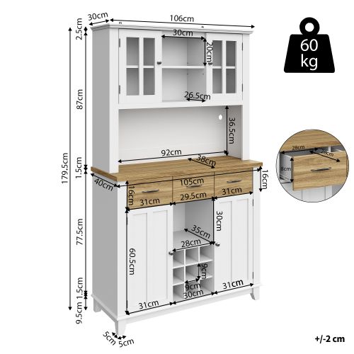 Buffet De Cuisine-meuble De Cuisine H179,5cm-armoire Haute-avec Éclairage LED-blanc Et Bois