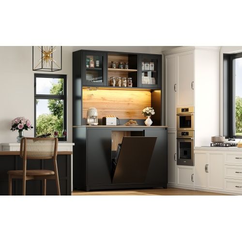 Buffet De Cuisine Avec LED Musicale-meubles De Cuisine H180cm-ouverture Facile-noir