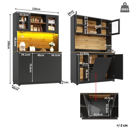 Buffet De Cuisine Avec LED Musicale-meubles De Cuisine H180cm-ouverture Facile-noir