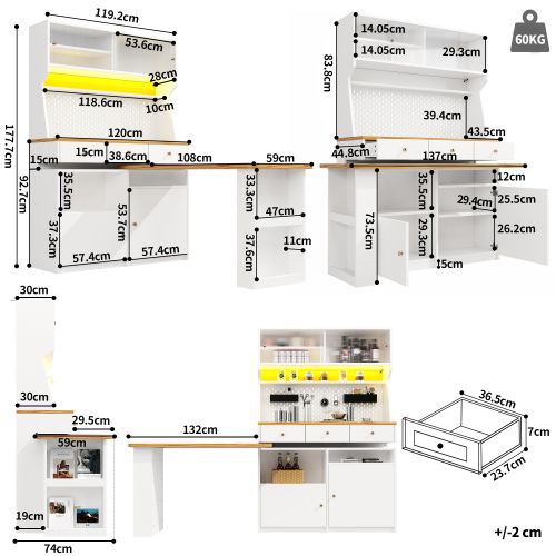 Buffet De Cuisine Avec LED-buffet Haut-meuble De Rangement-meuble De Cuisine-blanc