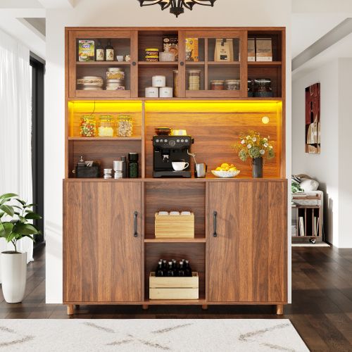 Buffet De Cuisine Avec Éclairage LED-armoire Haute-portes Coulissantes Verre-style Rétro-noyer