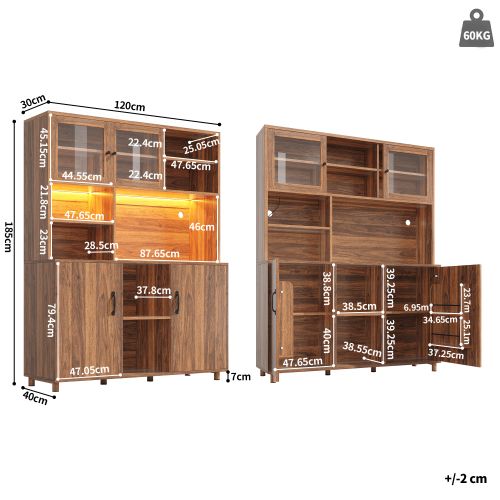 Buffet De Cuisine Avec Éclairage LED-armoire Haute-portes Coulissantes Verre-style Rétro-noyer