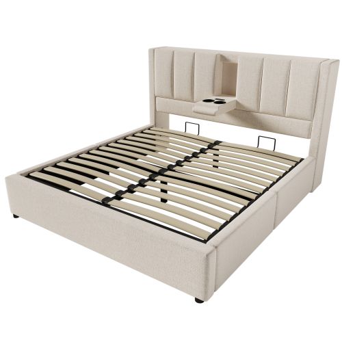 Lit Rembourré 140x190cm-lit Simple Multifonctionnel Avec Rangement, Recharge-lit Hydraulique-beige
