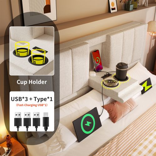 Lit Rembourré 180x200cm-lit Simple Multifonctionnel Avec Rangement, Recharge-lit Hydraulique-beige