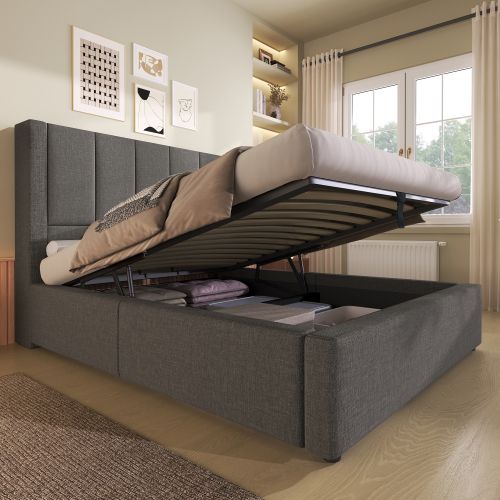 Lit Rembourré 90x200cm-lit Simple Multifonctionnel Avec Rangement, Recharge-lit Hydraulique-gris