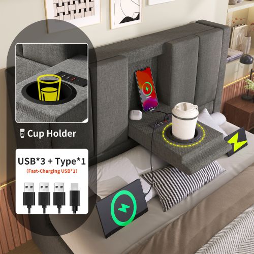 Lit Rembourré 90x200cm-lit Simple Multifonctionnel Avec Rangement, Recharge-lit Hydraulique-gris