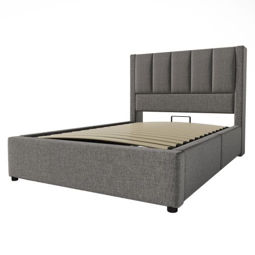 Lit Rembourré 90x200cm-lit Simple Multifonctionnel Avec Rangement, Recharge-lit Hydraulique-gris