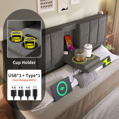 Lit Rembourré 160x200cm-lit Simple Multifonctionnel Avec Rangement, Recharge-lit Hydraulique-gris