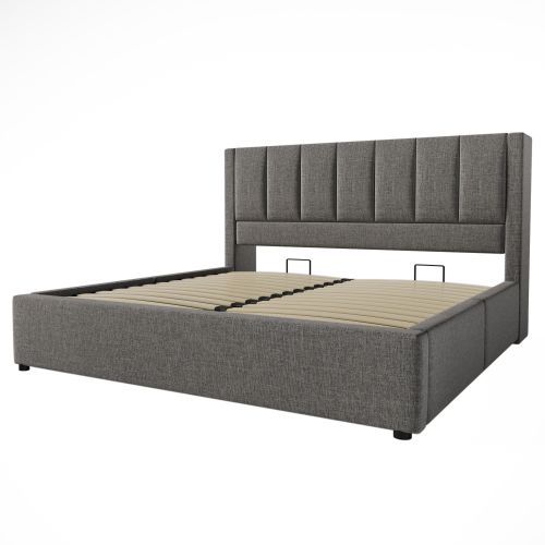 Lit Rembourré 180x200cm-lit Simple Multifonctionnel Avec Rangement, Recharge-lit Hydraulique-gris