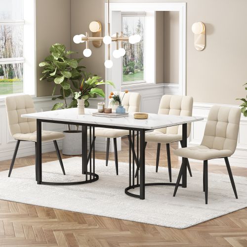 Ensemble De Salle à Manger 5 Pièces : Table Et 4 Chaises En Velours-table De Cuisine-mdf-blanc