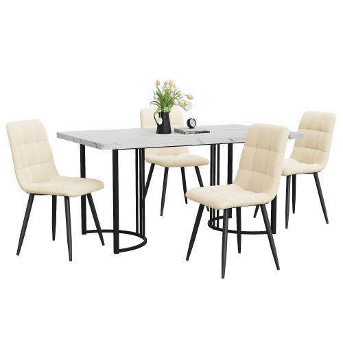 Ensemble De Salle à Manger 5 Pièces : Table Et 4 Chaises En Velours-table De Cuisine-mdf-blanc