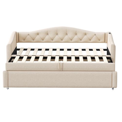 Lit Gigogne -lit Capitonné-lit Extensible 90*200 Cm-avec Port USB-lit Multifonctionnel - Beige