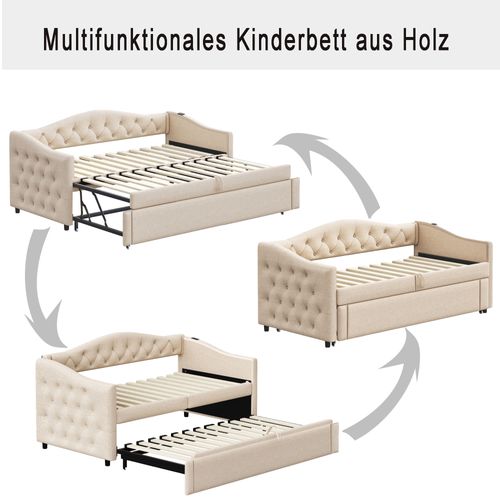 Lit Gigogne -lit Capitonné-lit Extensible 90*200 Cm-avec Port USB-lit Multifonctionnel - Beige