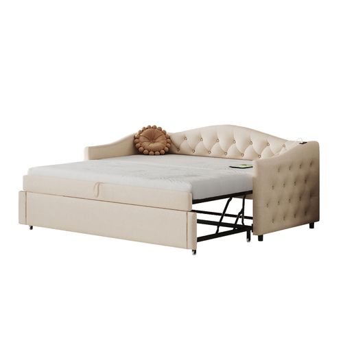 Lit Gigogne -lit Capitonné-lit Extensible 90*200 Cm-avec Port USB-lit Multifonctionnel - Beige