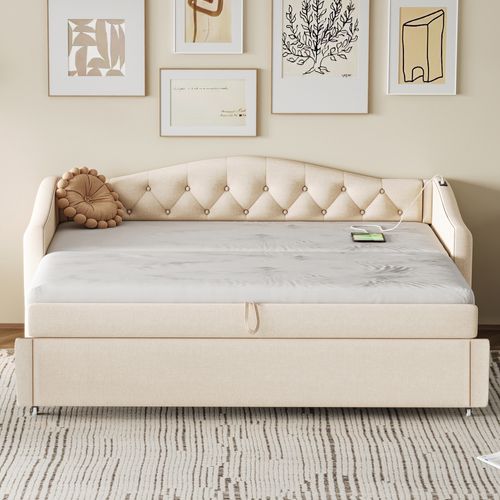 Lit Gigogne -lit Capitonné-lit Extensible 90*200 Cm-avec Port USB-lit Multifonctionnel - Beige