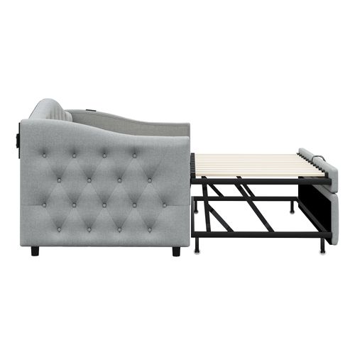 Lit Gigogne -lit Capitonné-lit Extensible 90*200 Cm-avec Port USB-lit Multifonctionnel - Gris