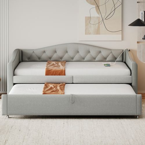 Lit Gigogne -lit Capitonné-lit Extensible 90*200 Cm-avec Port USB-lit Multifonctionnel - Gris