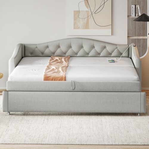 Lit Gigogne -lit Capitonné-lit Extensible 90*200 Cm-avec Port USB-lit Multifonctionnel - Gris