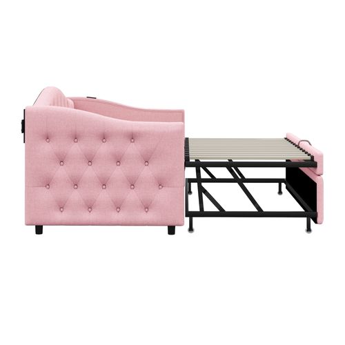 Lit Gigogne -lit Capitonné-lit Extensible 90*200 Cm-avec Port USB-lit Multifonctionnel - Rose