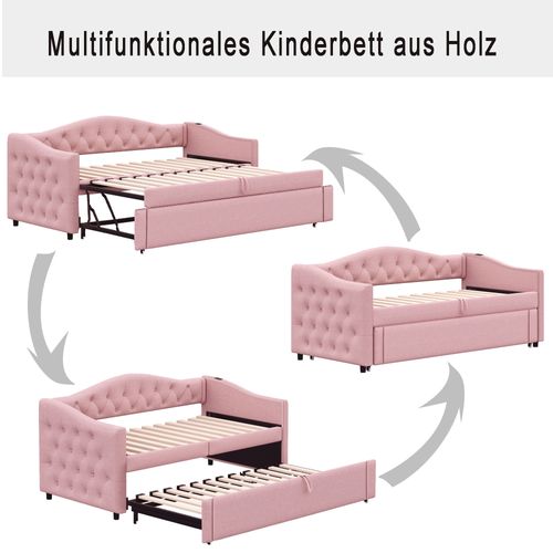 Lit Gigogne -lit Capitonné-lit Extensible 90*200 Cm-avec Port USB-lit Multifonctionnel - Rose