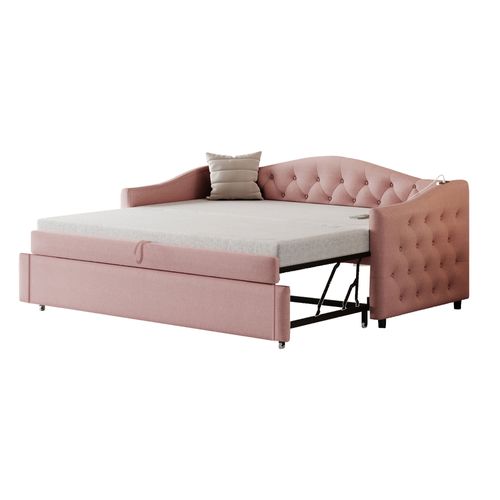 Lit Gigogne -lit Capitonné-lit Extensible 90*200 Cm-avec Port USB-lit Multifonctionnel - Rose