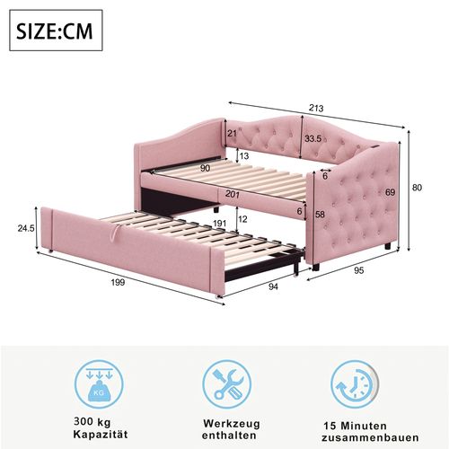 Lit Gigogne -lit Capitonné-lit Extensible 90*200 Cm-avec Port USB-lit Multifonctionnel - Rose