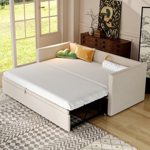 Lit Gigogne -canapé-lit Extensible 90/180*200 Cm-lit Multifonctionnel En Velours-beige